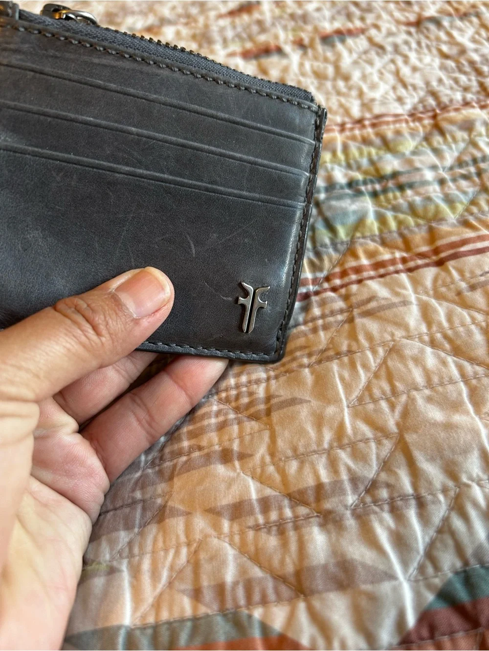 Frye Leather Slim Card Wallet with Zip - dark gray